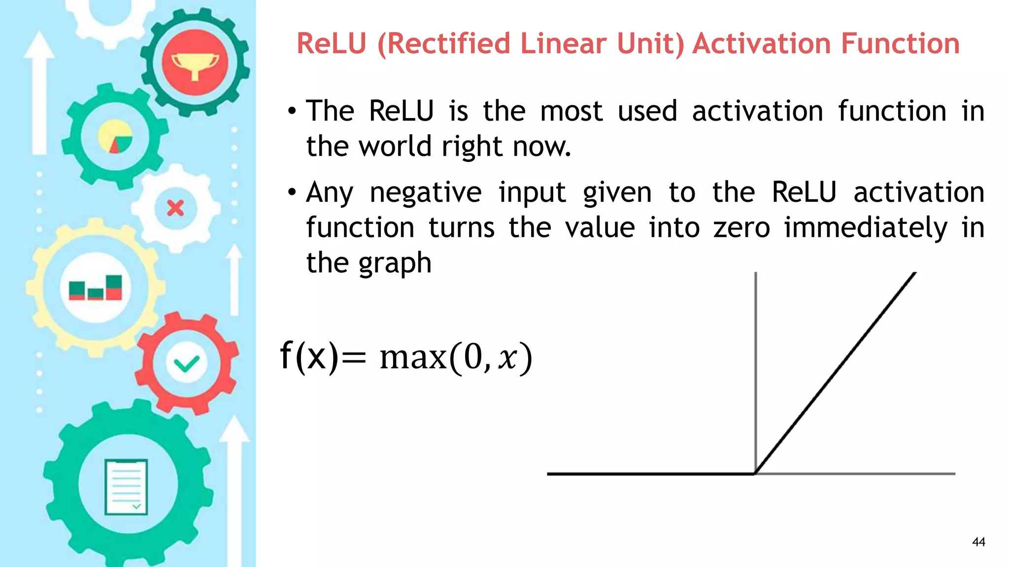 ReLU (Rectified Linear Unit) Activation Function
• The ReLU is the most used activation function in
the world right now.
• Any negative input given to the ReLU activation
function turns the value into zero immediately in
the graph
44
f(x)= max(0, 𝑥)
 
