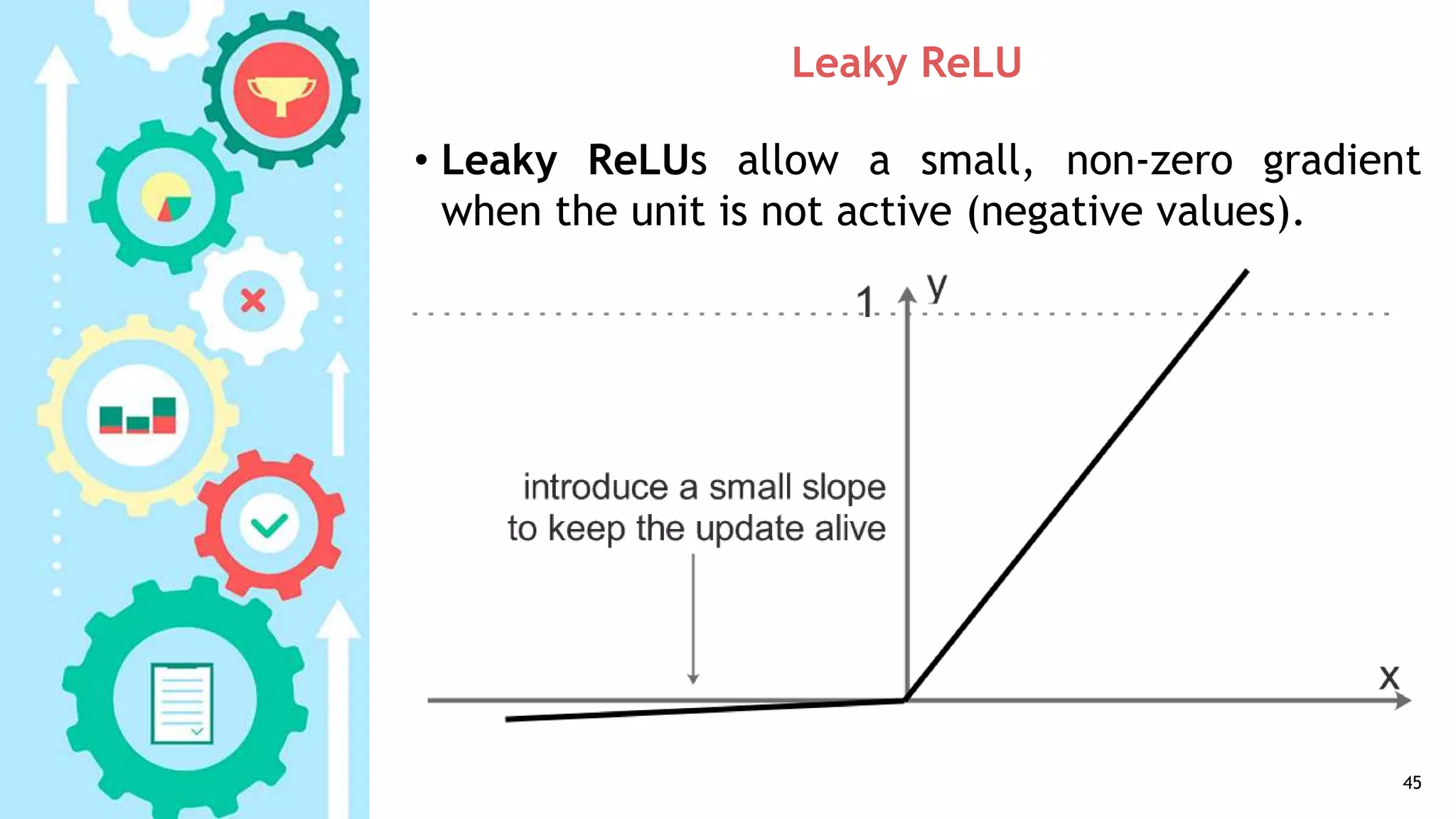 Leaky ReLU
• Leaky ReLUs allow a small, non-zero gradient
when the unit is not active (negative values).
45
 