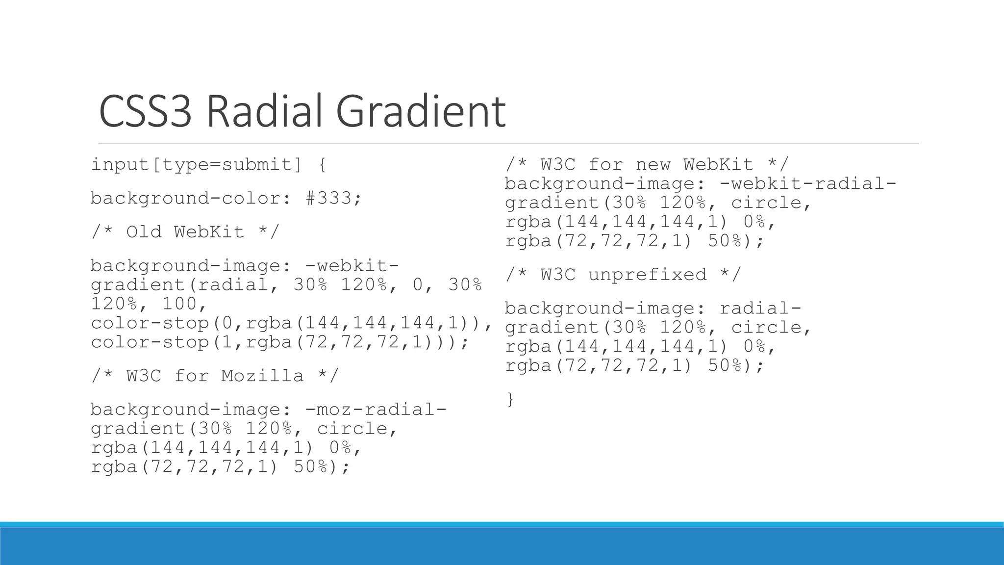 CSS3 Radial Gradient
input[type=submit] {
background-color: #333;
/* Old WebKit */
background-image: -webkit-
gradient(radial, 30% 120%, 0, 30%
120%, 100,
color-stop(0,rgba(144,144,144,1)),
color-stop(1,rgba(72,72,72,1)));
/* W3C for Mozilla */
background-image: -moz-radial-
gradient(30% 120%, circle,
rgba(144,144,144,1) 0%,
rgba(72,72,72,1) 50%);
/* W3C for new WebKit */
background-image: -webkit-radial-
gradient(30% 120%, circle,
rgba(144,144,144,1) 0%,
rgba(72,72,72,1) 50%);
/* W3C unprefixed */
background-image: radial-
gradient(30% 120%, circle,
rgba(144,144,144,1) 0%,
rgba(72,72,72,1) 50%);
}
 