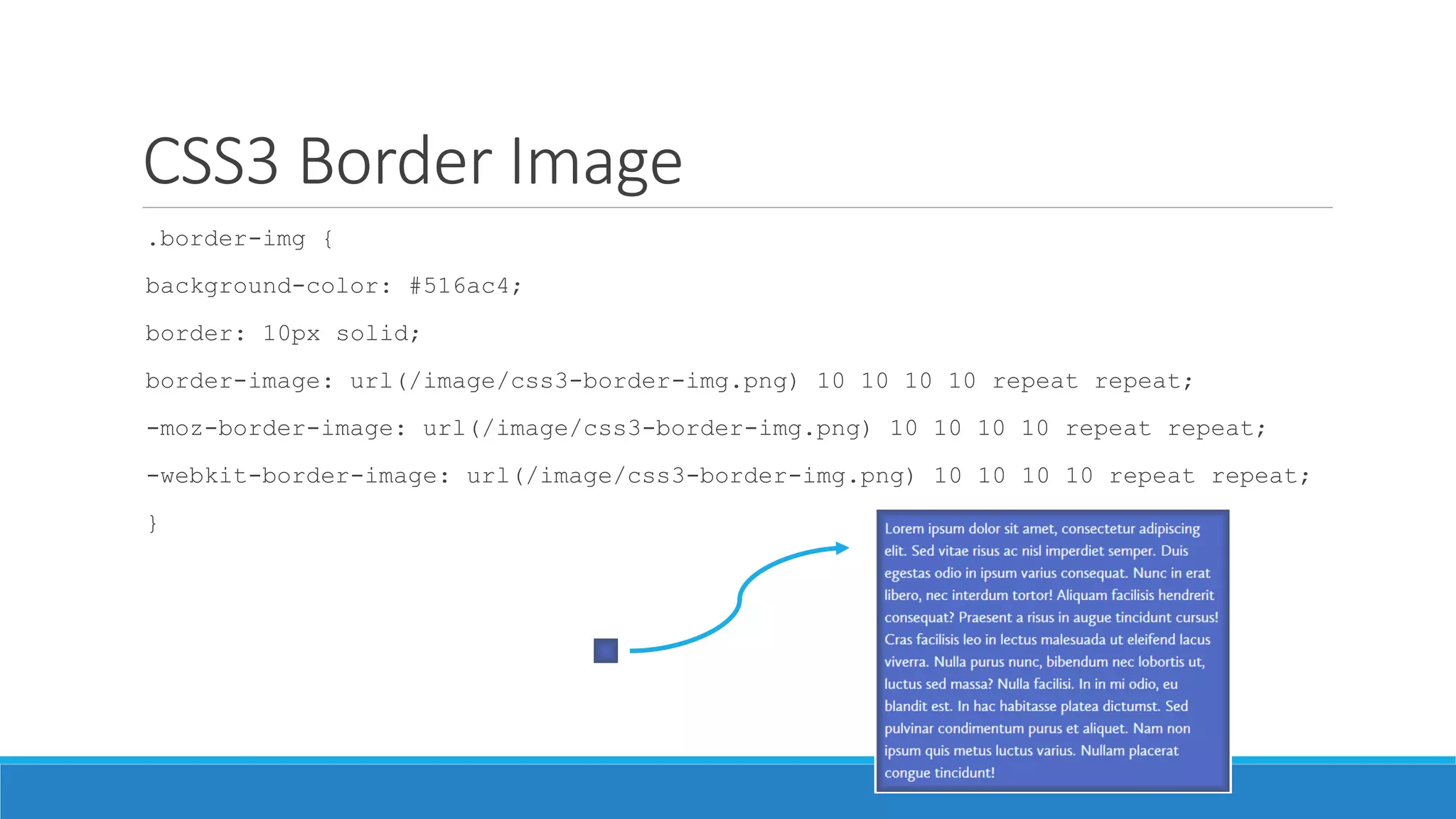 CSS3 Border Image
.border-img {
background-color: #516ac4;
border: 10px solid;
border-image: url(/image/css3-border-img.png) 10 10 10 10 repeat repeat;
-moz-border-image: url(/image/css3-border-img.png) 10 10 10 10 repeat repeat;
-webkit-border-image: url(/image/css3-border-img.png) 10 10 10 10 repeat repeat;
}
 