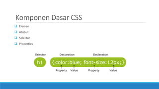 Komponen Dasar CSS
 Elemen
 Atribut
 Selector
 Properties
 