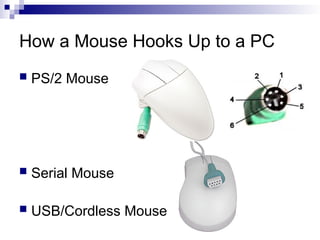 How a Mouse Hooks Up to a PC
 PS/2 Mouse
 Serial Mouse
 USB/Cordless Mouse
 