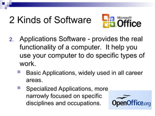 2 Kinds of Software
2. Applications Software - provides the real
functionality of a computer. It help you
use your computer to do specific types of
work.
 Basic Applications, widely used in all career
areas.
 Specialized Applications, more
narrowly focused on specific
disciplines and occupations.
 