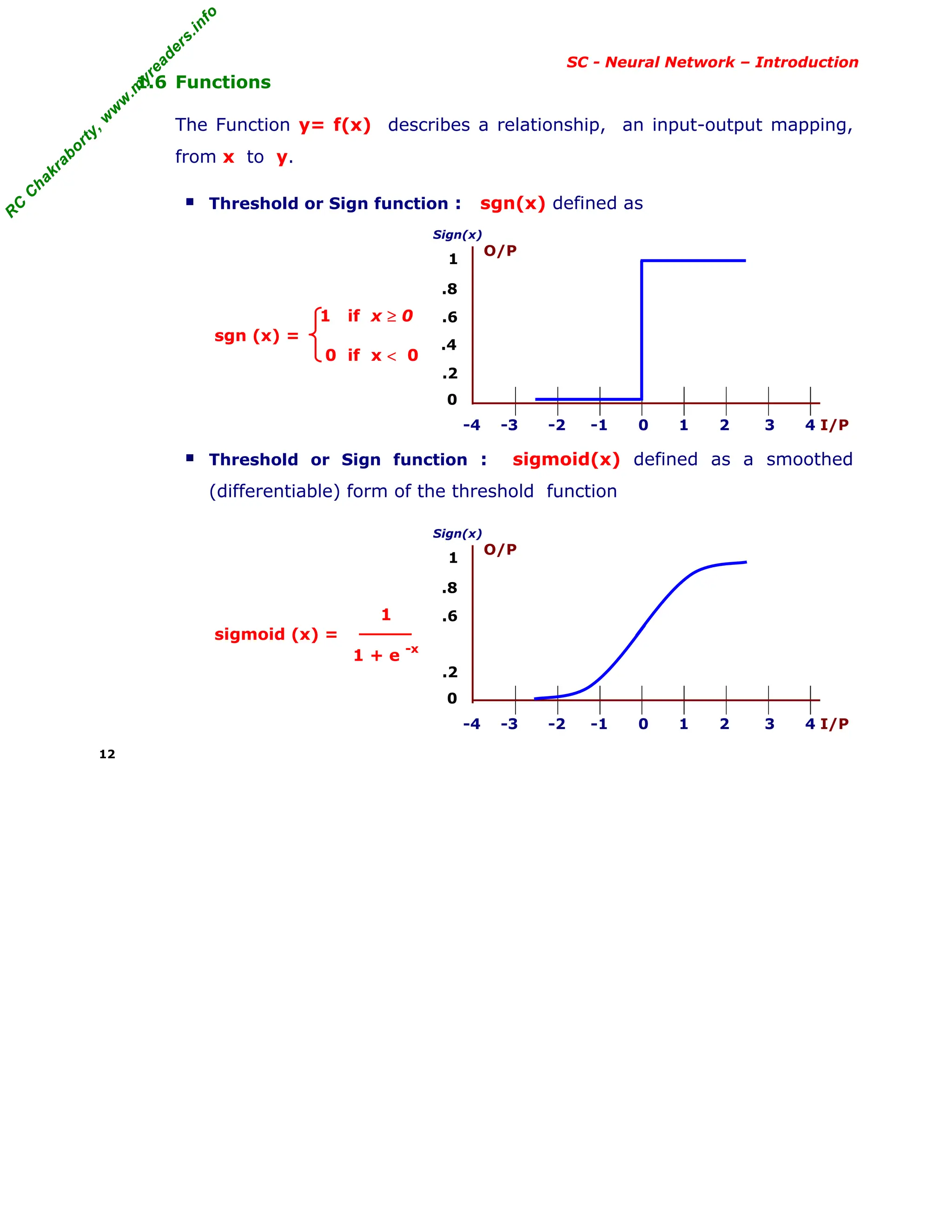 R
C
C
h
a
k
r
a
b
o
r
t
y
,
w
w
w
.
m
y
r
e
a
d
e
r
s
.
i
n
f
o
R
C
C
h
a
k
r
a
b
o
r
t
y
,
w
w
w
.
m
y
r
e
a
d
e
r
s
.
i
n
f
o
SC - Neural Network – Introduction
1.6 Functions
The Function y= f(x) describes a relationship, an input-output mapping,
from x to y.
■ Threshold or Sign function : sgn(x) defined as
1 if x ≥ 0
sgn (x) =
0 if x < 0
Sign(x)
O/P
-4 -3 -2 -1 0 1 2 3 4 I/P
■ Threshold or Sign function : sigmoid(x) defined as a smoothed
(differentiable) form of the threshold function
1
sigmoid (x) =
1 + e
-x
Sign(x)
O/P
-4 -3 -2 -1 0 1 2 3 4 I/P
12
0
1
.2
.6
.4
.8
0
1
.2
.6
.8
 