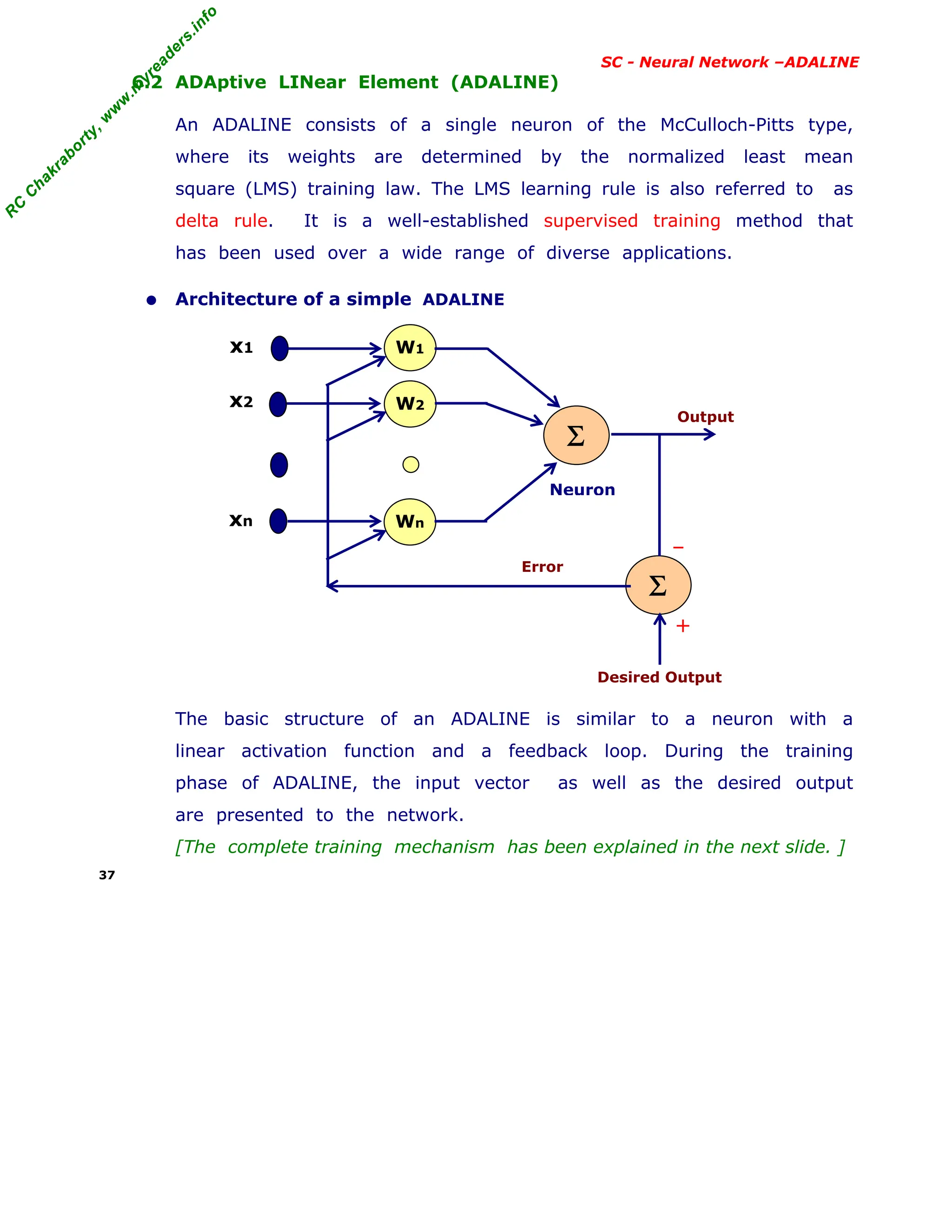 R
C
C
h
a
k
r
a
b
o
r
t
y
,
w
w
w
.
m
y
r
e
a
d
e
r
s
.
i
n
f
o
R
C
C
h
a
k
r
a
b
o
r
t
y
,
w
w
w
.
m
y
r
e
a
d
e
r
s
.
i
n
f
o
SC - Neural Network –ADALINE
6.2 ADAptive LINear Element (ADALINE)
An ADALINE consists of a single neuron of the McCulloch-Pitts type,
where its weights are determined by the normalized least mean
square (LMS) training law. The LMS learning rule is also referred to as
delta rule. It is a well-established supervised training method that
has been used over a wide range of diverse applications.
• Architecture of a simple ADALINE
The basic structure of an ADALINE is similar to a neuron with a
linear activation function and a feedback loop. During the training
phase of ADALINE, the input vector as well as the desired output
are presented to the network.
[The complete training mechanism has been explained in the next slide. ]
37
W1
Σ
W2
Wn
Σ
x1
x2
xn
Neuron
Error
Desired Output
Output
–
+
 