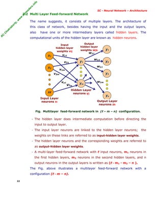 R
C
C
h
a
k
r
a
b
o
r
t
y
,
w
w
w
.
m
y
r
e
a
d
e
r
s
.
i
n
f
o
R
C
C
h
a
k
r
a
b
o
r
t
y
,
w
w
w
.
m
y
r
e
a
d
e
r
s
.
i
n
f
o
SC - Neural Network – Architecture
3.2 Multi Layer Feed-forward Network
The name suggests, it consists of multiple layers. The architecture of
this class of network, besides having the input and the output layers,
also have one or more intermediary layers called hidden layers. The
computational units of the hidden layer are known as hidden neurons.
Fig. Multilayer feed-forward network in (ℓ – m – n) configuration.
- The hidden layer does intermediate computation before directing the
input to output layer.
- The input layer neurons are linked to the hidden layer neurons; the
weights on these links are referred to as input-hidden layer weights.
- The hidden layer neurons and the corresponding weights are referred to
as output-hidden layer weights.
- A multi-layer feed-forward network with ℓ input neurons, m1 neurons in
the first hidden layers, m2 neurons in the second hidden layers, and n
output neurons in the output layers is written as (ℓ - m1 - m2 – n ).
The Fig. above illustrates a multilayer feed-forward network with a
configuration (ℓ - m – n).
22
w11
w12
v21
v11
w1m
vn1
v1m
v2m
Vℓm
w11
x1
x2
xℓ
y3
y1
y2
yn
y1
ym
Hidden Layer
neurons yj
Output Layer
neurons zk
Input Layer
neurons xi
Input
hidden layer
weights vij
Output
hidden layer
weights wjk
 