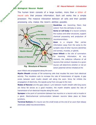 R
C
C
h
a
k
r
a
b
o
r
t
y
,
w
w
w
.
m
y
r
e
a
d
e
r
s
.
i
n
f
o
R
C
C
h
a
k
r
a
b
o
r
t
y
,
w
w
w
.
m
y
r
e
a
d
e
r
s
.
i
n
f
o
SC - Neural Network – Introduction
1.3 Biological Neuron Model
The human brain consists of a large number, more than a billion of
neural cells that process information. Each cell works like a simple
processor. The massive interaction between all cells and their parallel
processing only makes the brain's abilities possible.
Fig. Structure of Neuron
Dendrites are branching fibers that
extend from the cell body or soma.
Soma or cell body of a neuron contains
the nucleus and other structures, support
chemical processing and production of
neurotransmitters.
Axon is a singular fiber carries
information away from the soma to the
synaptic sites of other neurons (dendrites
and somas), muscles, or glands.
Axon hillock is the site of summation
for incoming information. At any
moment, the collective influence of all
neurons that conduct impulses to a given
neuron will determine whether or not an
action potential will be initiated at the
axon hillock and propagated along the axon.
Myelin Sheath consists of fat-containing cells that insulate the axon from electrical
activity. This insulation acts to increase the rate of transmission of signals. A gap
exists between each myelin sheath cell along the axon. Since fat inhibits the
propagation of electricity, the signals jump from one gap to the next.
Nodes of Ranvier are the gaps (about 1 µm) between myelin sheath cells long axons
are Since fat serves as a good insulator, the myelin sheaths speed the rate of
transmission of an electrical impulse along the axon.
Synapse is the point of connection between two neurons or a neuron and a muscle or
a gland. Electrochemical communication between neurons takes place at these
junctions.
Terminal Buttons of a neuron are the small knobs at the end of an axon that release
chemicals called neurotransmitters.
07
 
