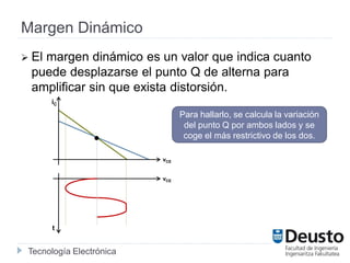 Tecnología Electrónica
Margen Dinámico
 El margen dinámico es un valor que indica cuanto
puede desplazarse el punto Q de alterna para
amplificar sin que exista distorsión.
iC
vCE
vCE
t
Para hallarlo, se calcula la variación
del punto Q por ambos lados y se
coge el más restrictivo de los dos.
 