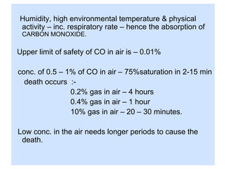 Humidity, high environmental temperature & physical
activity – inc. respiratory rate – hence the absorption of
CARBON MONOXIDE.
Upper limit of safety of CO in air is – 0.01%
conc. of 0.5 – 1% of CO in air – 75%saturation in 2-15 min
death occurs :-
0.2% gas in air – 4 hours
0.4% gas in air – 1 hour
10% gas in air – 20 – 30 minutes.
Low conc. in the air needs longer periods to cause the
death.
 