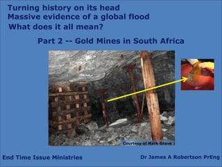 Turning history on its head Massive evidence of a global flood What does it all mean? Part 2 -- Gold Mines in South Africa Courtesy of Mark Grave End Time Issue Ministries Dr James A Robertson PrEng 