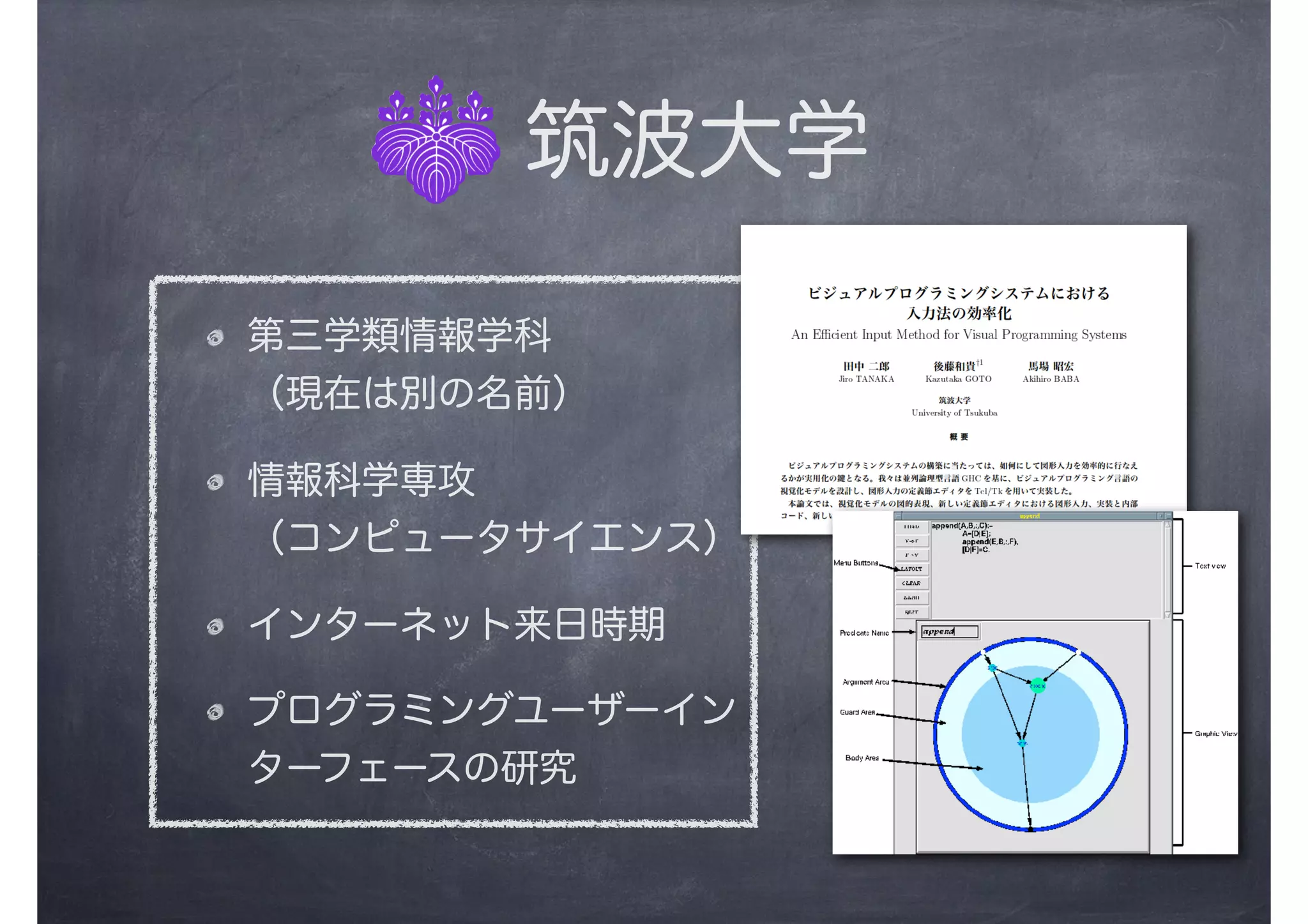  筑波大学
第三学類情報学科
（現在は別の名前）
情報科学専攻
（コンピュータサイエンス）
インターネット来日時期
プログラミングユーザーイン
ターフェースの研究
 