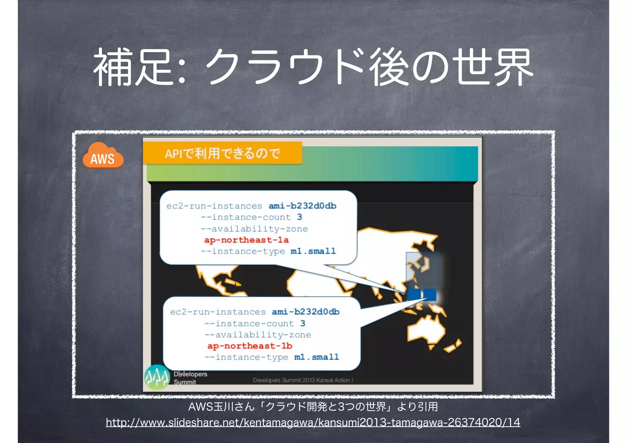 補足: クラウド後の世界
AWS玉川さん「クラウド開発と3つの世界」より引用
http://www.slideshare.net/kentamagawa/kansumi2013-tamagawa-26374020/14
 