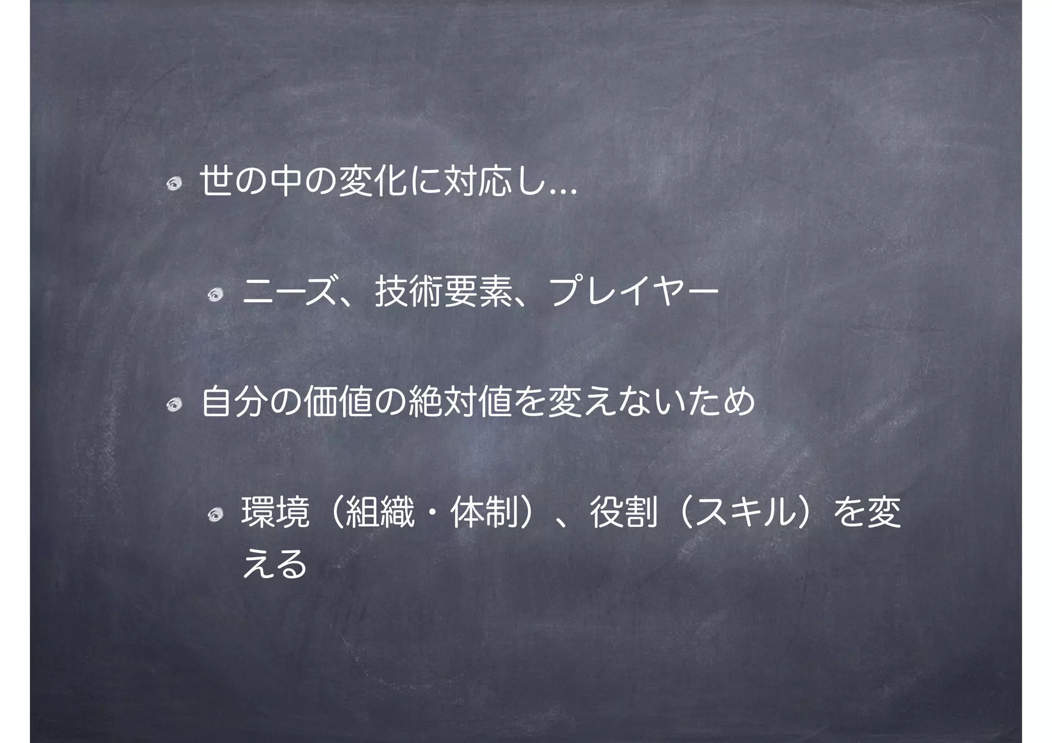 世の中の変化に対応し...
ニーズ、技術要素、プレイヤー
自分の価値の絶対値を変えないため
環境（組織・体制）、役割（スキル）を変
える
 