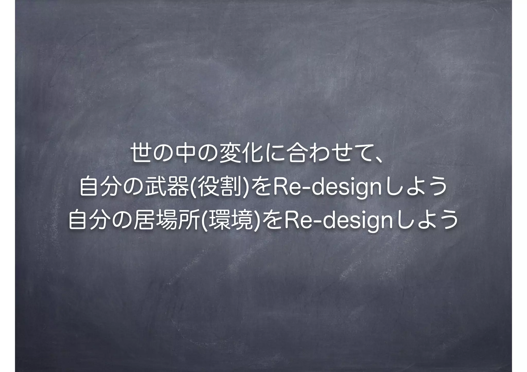 世の中の変化に合わせて、
自分の武器(役割)をRe-designしよう
自分の居場所(環境)をRe-designしよう
 