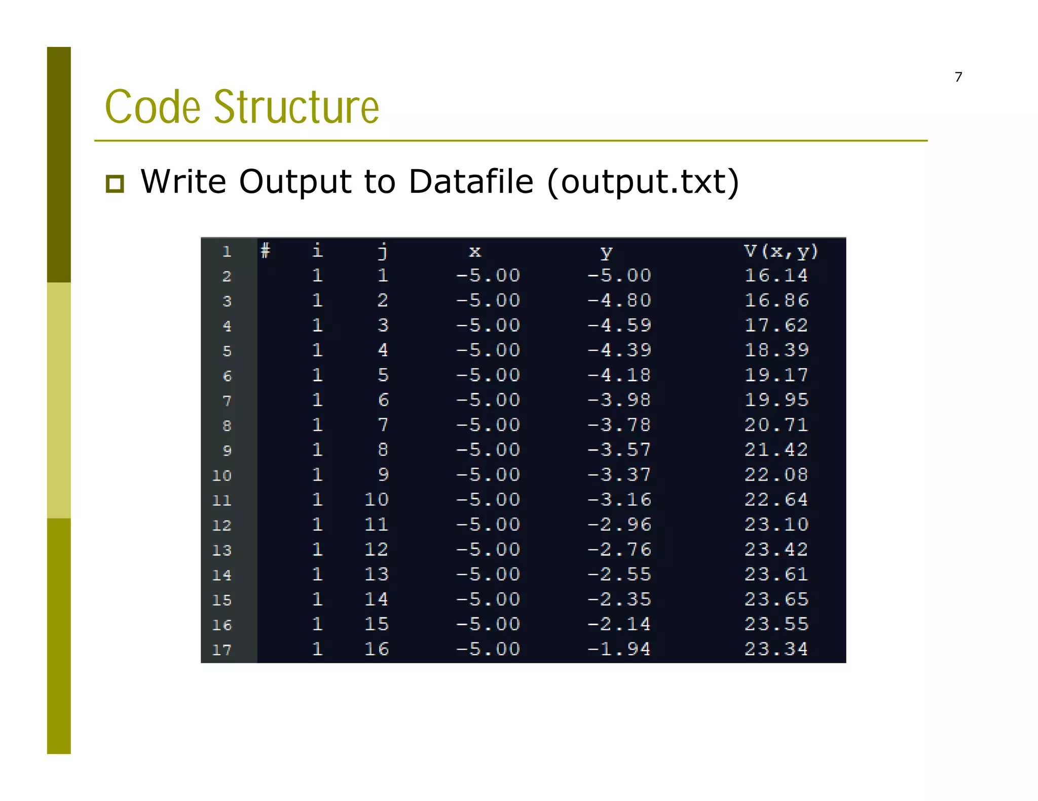 7
Code Structure
 Write Output to Datafile (output.txt)
 