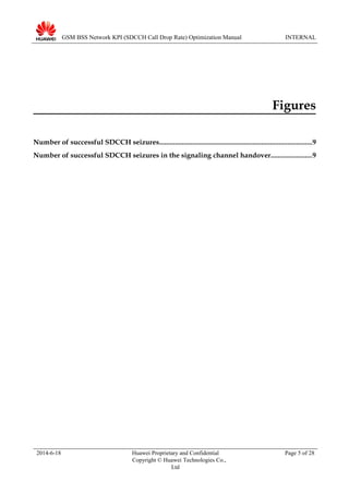 GSM BSS Network KPI (SDCCH Call Drop Rate) Optimization Manual INTERNAL
Figures
Number of successful SDCCH seizures.......................................................................................9
Number of successful SDCCH seizures in the signaling channel handover.......................9
2014-6-18 Huawei Proprietary and Confidential
Copyright © Huawei Technologies Co.,
Ltd
Page 5 of 28
 