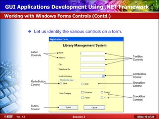 GUI Applications Development Using .NET Framework
Working with Windows Forms Controls (Contd.)


                  Let us identify the various controls on a form.



                Label
                Controls                                            TextBox
                                                                    Controls




                                                                    ComboBox
                                                                    Control
                RadioButton                                         GroupBox
                Control                                             Control


                                                                    CheckBox
                                                                    Controls

                Button
                Control

     Ver. 1.0                         Session 2                        Slide 10 of 29
 