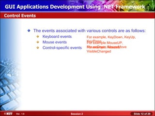 GUI Applications Development Using .NET Framework
Control Events


                The events associated with various controls are as follows:
                    Keyboard events             For example, KeyDown, KeyUp,
                    Mouse events                KeyPress
                                                For example MouseUP,
                    Control-specific events     MouseDown,Resized,
                                                For example MouseMove
                                                VisibleChanged




     Ver. 1.0                       Session 2                             Slide 12 of 29
 