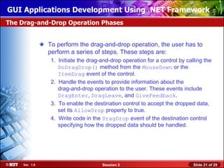 GUI Applications Development Using .NET Framework
The Drag-and-Drop Operation Phases


                To perform the drag-and-drop operation, the user has to
                perform a series of steps. These steps are:
                1. Initiate the drag-and-drop operation for a control by calling the
                   DoDragDrop() method from the MouseDown or the
                   ItemDrag event of the control.
                2. Handle the events to provide information about the
                   drag-and-drop operation to the user. These events include
                   DragEnter, DragLeave, and GiveFeedback.
                3. To enable the destination control to accept the dropped data,
                   set its AllowDrop property to true.
                4. Write code in the DragDrop event of the destination control
                   specifying how the dropped data should be handled.




     Ver. 1.0                        Session 2                              Slide 21 of 29
 