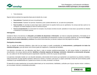 EMQE-03 12/78
Guía Pedagógica y de Evaluación del Módulo:
Enfermería médico-quirúrgica y de especialidad
 Tomar decisiones.
Algunos teóricos plantean las siguientes fases para el estudio de un caso:
 Fase preliminar: Presentación del caso a los participantes
 Fase de eclosión: "Explosión" de opiniones, impresiones, juicios, posibles alternativas, etc., por parte de los participantes.
 Fase de análisis: En esta fase es preciso llegar hasta la determinación de aquellos hechos que son significativos. Se concluye esta fase cuando se ha
conseguido una síntesis aceptada por todos los miembros del grupo.
 Fase de conceptualización: Es la formulación de conceptos o de principios concretos de acción, aplicables en el caso actual y que permiten ser utilizados
o transferidos en una situación parecida.
Interrogación.
Consiste en llevar a los alumnos a la discusión y al análisis de situaciones o información, con base en preguntas planteadas y formuladas por el
docente o por los mismos alumnos, con el fin de explorar las capacidades del pensamiento al activar sus procesos cognitivos; se recomienda integrar
esta técnica de manera sistemática y continua a las anteriormente descritas y al abordar cualquier tema del programa de estudio.
Participativo-vivenciales.
Son un conjunto de elementos didácticos, sobre todo los que exigen un grado considerable de involucramiento y participación de todos los
miembros del grupo y que sólo tienen como límite el grado de imaginación y creatividad del facilitador.
Los ejercicios vivenciales son una alternativa para llevar a cabo el proceso enseñanza-aprendizaje, no sólo porque facilitan la transmisión de
conocimientos, sino porque además permiten identificar y fomentar aspectos de liderazgo, motivación, interacción y comunicación del grupo,
etc., los cuales son de vital importancia para la organización, desarrollo y control de un grupo de aprendizaje.
Los ejercicios vivenciales resultan ser una situación planeada y estructurada de tal manera que representan una experiencia muy atractiva, divertida y
hasta emocionante. El juego significa apartarse, salirse de lo rutinario y monótono, para asumir un papel o personaje a través del cual el individuo pueda
manifestar lo que verdaderamente es o quisiera ser sin temor a la crítica, al rechazo o al ridículo.
El desarrollo de estas experiencias se encuentra determinado por los conocimientos, habilidades y actitudes que el grupo requiera revisar o analizar y
por sus propias vivencias y necesidades personales.
 