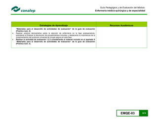 EMQE-03 18/78
Guía Pedagógica y de Evaluación del Módulo:
Enfermería médico-quirúrgica y de especialidad
Estrategias de Aprendizaje Recursos Académicos
“Materiales para el desarrollo de actividades de evaluación” de la guía de evaluación
(Práctica núm. 2).
 Realizar práctica demostrativa sobre la atención de enfermería en la fase postoperatoria,
solicitando al finalizar la devolución de procedimientos incluidos y destacando la importancia de la
implementación del protocolo universal de cirugía segura en esta fase.
 Realizar la actividad de evaluación 1.2.3 considerando el material incluido en el apartado 9
“Materiales para el desarrollo de actividades de evaluación” de la guía de evaluación
(Práctica núm. 3).
 