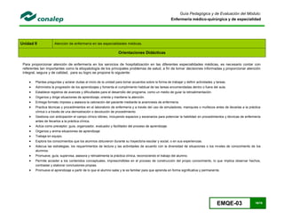 EMQE-03 19/78
Guía Pedagógica y de Evaluación del Módulo:
Enfermería médico-quirúrgica y de especialidad
Unidad II Atención de enfermería en las especialidades médicas.
Orientaciones Didácticas
Para proporcionar atención de enfermería en los servicios de hospitalización en las diferentes especialidades médicas, es necesario contar con
referentes tan importantes como la etiopatología de los principales problemas de salud, a fin de tomar decisiones informadas y proporcionar atención
integral, segura y de calidad, para su logro se propone lo siguiente:
 Plantea preguntas y aclarar dudas al inicio de la unidad para tomar acuerdos sobre la forma de trabajar y definir actividades y tareas.
 Administra la progresión de los aprendizajes y fomenta el cumplimiento habitual de las tareas encomendadas dentro o fuera del aula.
 Establece registros de avances y dificultades para el desarrollo del programa, como un medio de guiar la retroalimentación.
 Organiza y dirige situaciones de aprendizaje, orienta y mantiene la atención.
 Entrega formato impreso y asesora la valoración del paciente mediante la anamnesis de enfermería.
 Practica técnicas y procedimientos en el laboratorio de enfermería y a través del uso de simuladores, maniquíes o muñecos antes de llevarlas a la práctica
clínica o a través de una demostración o devolución de procedimiento
 Gestiona con anticipación el campo clínico idóneo, incluyendo espacios y escenarios para potenciar la habilidad en procedimientos y técnicas de enfermería
antes de llevarlos a la práctica clínica.
 Actúa como preceptor, guía, organizador, evaluador y facilitador del proceso de aprendizaje.
 Organiza y anima situaciones de aprendizaje
 Trabaja en equipo.
 Explora los conocimientos que los alumnos obtuvieron durante su trayectoria escolar y social, o en sus experiencias.
 Adecua las estrategias, los requerimientos de lectura y las actividades de acuerdo con la diversidad de situaciones o los niveles de conocimiento de los
alumnos.
 Promueve, guía, supervisa, asesora y retroalimenta la práctica clínica, reconociendo el trabajo del alumno.
 Permite acceder a los contenidos conceptuales, imprescindibles en el proceso de construcción del propio conocimiento, lo que implica observar hechos,
contrastar y elaborar conclusiones propias.
 Promueve el aprendizaje a partir de lo que el alumno sabe y le es familiar para que aprenda en forma significativa y permanente.
 