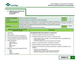 EMQE-03 36/78
Guía Pedagógica y de Evaluación del Módulo:
Enfermería médico-quirúrgica y de especialidad
9. Materiales para el Desarrollo
de Actividades de
Evaluación
Unidad de Aprendizaje: Atención de enfermería perioperatoria Número: 1
Práctica: Proporciona atención de enfermería en la fase preoperatoria Número: 1
Propósito de la práctica: Proporciona atención de enfermería en la fase preoperatoria mediante la aplicación de protocolos de actuación y
seguridad establecidos y el desarrollo de procedimientos y técnicas incluidos en el plan de cuidados que guíe una
práctica segura y de calidad al paciente antes de someterse a una intervención quirúrgica.
Escenario: Laboratorio de enfermería
Unidades médicas de segundo o tercer nivel de atención.
Duración 10horas
Materiales, Herramientas, Instrumental,
Maquinaria y Equipo
Desempeños
 Cubrebocas
 Lápiz o pluma
 Formato para la valoración preoperatoria
 Formato de registros clínicos de enfermería
 Formato de plan de cuidados de enfermería
 Unidad del paciente:
 Cama clínica
 Ropa hospitalaria
 Silla
 Mesa puente
 Buroé
 Material y equipo para la preparación física
 Agua
 Jabón
 Toalla
 Rastrillo o rasuradora
RECOMENDACIONES PARA ASISTIR A LA PRÁCTICA:
 No falta y se presenta puntualmente a la práctica
 Porta identificación oficial de la escuela y con uniforme clínico:
 Mujeres cabello corto o recogido, uso de cofia reglamentaria y maquillaje discreto
 Uñas cortas sin esmalte
 Hombres sin barba y en caso de usar bigote bien recortado
 Muestra un comportamiento ético, intercultural y respetuoso
 Muestra amabilidad e interés durante el desarrollo de la práctica
 Prepara en forma oportuna; área física y simuladores o maniquíes, cumpliendo con lo
siguiente:
 Optimiza recursos disponibles
 Cuida el equipo; lo limpia y ordena una vez que lo utiliza
 Mantiene el laboratorio en orden y verifica su limpieza.
 