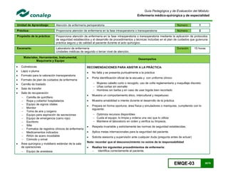 EMQE-03 38/78
Guía Pedagógica y de Evaluación del Módulo:
Enfermería médico-quirúrgica y de especialidad
Unidad de Aprendizaje: Atención de enfermería perioperatoria Número: 1
Práctica: Proporciona atención de enfermería en la fase intraoperatoria o transoperatoria Número: 2
Propósito de la práctica: Proporciona atención de enfermería en la fase intraoperatoria o transoperatoria mediante la aplicación de protocolos
de seguridad establecidos y el desarrollo de procedimientos y técnicas incluidas en el plan de cuidados que guíenuna
práctica segura y de calidad al paciente durante el acto quirúrgico.
Escenario: Laboratorio de enfermería
Unidades médicas de segundo o tercer nivel de atención.
Duración 15 horas
Materiales, Herramientas, Instrumental,
Maquinaria y Equipo
Desempeños
 Cubrebocas
 Lápiz o pluma
 Formato para la valoración transoperatoria
 Formato de plan de cuidados de enfermería
 Camilla de traslado
 Sala de transfer
 Sala de recuperación
 Camilla de quirófano
 Ropa y cobertor hospitalarios
 Equipo de signos vitales
 Monitor
 Toma de aire y oxigeno
 Equipo para aspiración de secreciones
 Equipo de emergencia (carro rojo)
 Escritorio
 Silla
 Formatos de registros clínicos de enfermería
 Medicamentos indicados
 Riñón de acero inoxidable
 Cómodo y orinal
 Área quirúrgica y mobiliario estándar de la sala
de operaciones
 Equipo de anestesia
RECOMENDACIONES PARA ASISTIR A LA PRÁCTICA:
 No falta y se presenta puntualmente a la práctica
 Porta identificación oficial de la escuela y con uniforme clínico:
 Mujeres cabello corto o recogido, uso de cofia reglamentaria y maquillaje discreto
 Uñas cortas sin esmalte
 Hombres sin barba y en caso de usar bigote bien recortado
 Muestra un comportamiento ético, intercultural y respetuoso
 Muestra amabilidad e interés durante el desarrollo de la práctica
 Prepara en forma oportuna; área física y simuladores o maniquíes, cumpliendo con lo
siguiente:
 Optimiza recursos disponibles
 Cuida el equipo; lo limpia y ordena una vez que lo utiliza
 Mantiene el laboratorio en orden y verifica su limpieza.
 Respeta invariable y estrictamente las normas de seguridad establecidas.
 Aplica metas internacionales para la seguridad del paciente.
 Solicita asesoría y supervisión ante cualquier duda (pregunta antes de actuar)
Nota: recordar que el desconocimiento no exime de la responsabilidad
 Realiza los siguientes procedimientos de enfermería:
 Identifica correctamente al paciente.
 