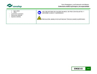 EMQE-03 40/78
Guía Pedagógica y de Evaluación del Módulo:
Enfermería médico-quirúrgica y de especialidad
 Agua jabón
 Otros
 Lavamanos quirúrgico
 Soluciones estériles
 Apósitos estériles
USO OBLIGATORIO DE CALZADO BLANCO, DE PISO CON AGUJETAS Y
UNIFORME CLÍNICO Y QUIRÚRGICO.
PRECAUCIÓN, MANEJO DE SUSTANCIAS TÓXICAS (GASES QUIRÓFANO)
 