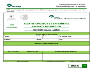EMQE-03 43/78
Guía Pedagógica y de Evaluación del Módulo:
Enfermería médico-quirúrgica y de especialidad
NOTA: se propone el siguiente formato para la elaboración del PLACE, sin embargo puede optar por otro siempre y cuando se integren los elementos
determinados:
RESPUESTA HUMANA: (ANOTAR)
DATOS DE IDENTIFICACIÓN (opcional)
*Nombre:
Edad: Sexo:
*No. seguridad social:
Dx. Médico: Servicio: Fecha:
DIAGNÓSTICO DE ENFERMERÍA (NANDA)
RESULTADO (NOC) INDICADORES (NOC) INTERVENCIÓN DE ENFERMERÍA (NIC)
ESCALA DE LIKERT ACTIVIDADES DE ENFERMERÍA (NIC) FUNDAMENTACIÓN CIENTIFICA
Carrera:
PT-B en
Enfermería General
 