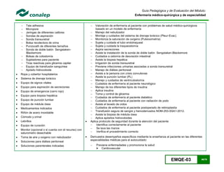 EMQE-03 46/78
Guía Pedagógica y de Evaluación del Módulo:
Enfermería médico-quirúrgica y de especialidad
 Tela adhesiva
 Micropore
 Jeringas de diferentes calibres
 Sondas de aspiración
 Sonda transuretral
 Bolsa recolectora de orina
 Punzocath de diferentes tamaños
 Sonda de doble balón Sengstaken-
Blackemore
 Bolsas de colostomía
 Sujetadores para paciente
 Tiras reactivas para glicemia capilar
 Equipo de transfusión sanguínea
 Apósito hidrocoloide
 Ropa y cobertor hospitalarios
 Sistema de drenaje torácico
 Equipo de signos vitales
 Equipo para aspiración de secreciones
 Equipo de emergencia (carro rojo)
 Equipo para biopsia hepática
 Equipo de punción lumbar
 Equipo de médula ósea
 Medicamentos indicados
 Riñón de acero inoxidable
 Cómodo y orinal
 Lebrillos
 Equipo de curación
 Monitor (opcional o si cuenta con el recurso) con
saturometro desechable
 Toma de aire y oxigeno con nebulizador
 Soluciones para diálisis peritoneal
 Soluciones parenterales indicadas
 Valoración de enfermería al paciente con problemas de salud médico-quirúrgicos
basado en un modelo de enfermería
 Manejo del nebulizador
 Montaje y cuidados del sistema de drenaje torácico (Pleur-Evac)
 Monitoriza la saturación de oxígeno (Pulsioximetría)
 Sujeta y cuidada el tubo endotraqueal
 Sujeta y cuidada la traqueostomía
 Aspira secreciones
 Asiste la instalación de la sonda de doble balón Sengstaken-Blackemore
 Cuidados a ostomía de desviación intestinal
 Asiste la biopsia hepática
 Irrigación de sonda transuretral
 Previene infecciones urinarias asociadas a sonda transuretral
 Manejo de diálisis peritoneal
 Asiste a la persona con crisis convulsivas
 Asiste la punción lumbar (PL)
 Manejo y cuidados de ventriculostomía
 Cuidados de enfermería al paciente neurológico
 Manejo de los diferentes tipos de insulina
 Aplica insulina
 Toma y control de glicemia
 Cuidados de enfermería al paciente diabético
 Cuidados de enfermería al paciente con radiación de yodo
 Asiste el lavado de oídos
 Cuidados de enfermería al paciente postoperado de retinoplastía
 Transfusión segura de sangre y hemoderivados NOM-253-SSA1-2012.
 Asiste la biopsia de médula ósea
 Aplica apósitos hidrocoloides
 Aplica protocolo de seguridad durante la atención del paciente
 Identifica correctamente al paciente
 Se lava las manos
 Verifica el procedimiento correcto
 Demuestra desempeños específicos mediante la enseñanza al paciente en las diferentes
especialidades médicas para el autocuidado:
 Previene enfermedades y promociona la salud
 Cardiovascular
 