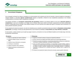 EMQE-03 5/78
Guía Pedagógica y de Evaluación del Módulo:
Enfermería médico-quirúrgica y de especialidad
3. Generalidades Pedagógicas
Con el propósito de difundir los criterios a considerar en la instrumentación de la presente guía entre los docentes y personal académico de planteles y
Colegios Estatales, se describen algunas consideraciones respecto al desarrollo e intención de las competencias expresadas en los módulos
correspondientes a la formación básica, propedéutica y profesional.
Los principios asociados a la concepción constructivista del aprendizaje mantienen una estrecha relación con los de la educación basada en
competencias, la cual se ha concebido en el Colegio como el enfoque idóneo para orientar la formación ocupacional de los futuros profesionales
técnicos y profesionales técnicos bachiller. Este enfoque constituye una de las opciones más viables para lograr la vinculación entre la educación y el
sector productivo de bienes y servicios.
En los programas de estudio se proponen una serie de contenidos que se considera conveniente abordar para obtener los Resultados de Aprendizaje
establecidos; sin embargo, se busca que este planteamiento le dé al docente la posibilidad de desarrollarlos con mayor libertad y creatividad.
En este sentido, se debe considerar que el papel que juegan el alumno y el docente en el marco del Modelo Académico del Conalep tenga, entre otras,
las siguientes características:
El alumno: El docente:
 Mejora su capacidad para resolver problemas.
 Aprende a trabajar en grupo y comunica sus
ideas.
 Aprende a buscar información y a procesarla.
 Construye su conocimiento.
 Adopta una posición crítica y autónoma.
 Realiza los procesos de autoevaluación y
coevaluación.
 Organiza su formación continua a lo largo de su trayectoria profesional
 Domina y estructura los saberes para facilitar experiencias de aprendizaje significativo
 Planifica los procesos de enseñanza y de aprendizaje atendiendo al enfoque por competencias,
y los ubica en contextos disciplinares, curriculares y sociales amplios
 Lleva a la práctica procesos de enseñanza y de aprendizaje de manera efectiva, creativa e
innovadora a su contexto institucional Evalúa los procesos de enseñanza y de aprendizaje con
un enfoque formativo Construye ambientes para el aprendizaje autónomo y colaborativo
Contribuye a la generación de un ambiente que facilite el desarrollo sano e integral de los
estudiantes
 Participa en los proyectos de mejora continua de su escuela y apoya la gestión institucional
 