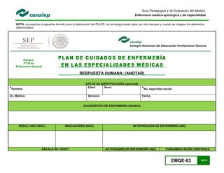 EMQE-03 55/78
Guía Pedagógica y de Evaluación del Módulo:
Enfermería médico-quirúrgica y de especialidad
NOTA: se propone el siguiente formato para la elaboración del PLACE, sin embargo puede optar por otro siempre y cuando se integren los elementos
determinados:
RESPUESTA HUMANA: (ANOTAR)
DATOS DE IDENTIFICACIÓN (opcional)
*Nombre:
Edad: Sexo:
*No. seguridad social:
Dx. Médico: Servicio: Fecha:
DIAGNÓSTICO DE ENFERMERÍA (NANDA)
RESULTADO (NOC) INDICADORES (NOC) INTERVENCIÓN DE ENFERMERÍA (NIC)
ESCALA DE LIKERT ACTIVIDADES DE ENFERMERÍA (NIC) FUNDAMENTACIÓN CIENTIFICA
Carrera:
PT-B en
Enfermería General
 