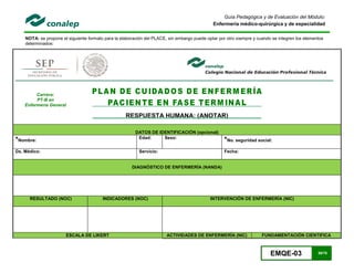 EMQE-03 59/78
Guía Pedagógica y de Evaluación del Módulo:
Enfermería médico-quirúrgica y de especialidad
NOTA: se propone el siguiente formato para la elaboración del PLACE, sin embargo puede optar por otro siempre y cuando se integren los elementos
determinados:
RESPUESTA HUMANA: (ANOTAR)
DATOS DE IDENTIFICACIÓN (opcional)
*Nombre:
Edad: Sexo:
*No. seguridad social:
Dx. Médico: Servicio: Fecha:
DIAGNÓSTICO DE ENFERMERÍA (NANDA)
RESULTADO (NOC) INDICADORES (NOC) INTERVENCIÓN DE ENFERMERÍA (NIC)
ESCALA DE LIKERT ACTIVIDADES DE ENFERMERÍA (NIC) FUNDAMENTACIÓN CIENTIFICA
Carrera:
PT-B en
Enfermería General
 