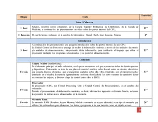18 
Bloque Texto 
Duración 
Intro / Cabecera 
1: José 
Saludos, nosotros somos estudiantes de la Escuela Superior Politécnica de Chimborazo, de la Escuela de 
Medicina, a continuación les presentaremos un video sobre las partes internas del CPU, 
12’’ 
2: Jessenia El cual lo hemos realizado en la catedra de Informática: Daniel, Ibeth, José, Jessenia, Ximena 4” 
Introducción 
3: José 
A continuación les presentaremos una pequeña introducción sobre las partes internas de una CPU. 
La Unidad Central de Proceso se encarga de recibir la información obtenida a través de las unidades de entrada 
y/o unidades de almacenamiento, interpretando dicha información para codificarla al lenguaje que utiliza el 
procesador mediante los programas seleccionados y su posterior almacenamiento. 
23’’ 
Contenido 
Fressia 
Tarjeta Madre (motherboard): 
Es el elemento principal de todo ordenador, en el que se encuentran o al que se conectan todos los demás aparatos 
y dispositivos. Físicamente se trata de una placa de material sintético sobre la cual existe un circuito electrónico 
que conecta diversos elementos que se encuentran anclados sobre ella, y los principales son: el microprocesador 
(pinchado en el zócalo), la memoria (generalmente en forma de módulos), los slots o ranuras de expansión donde 
se conectan las tarjetas, y diversos chips de control entre ellos la BIOS. 
33’’ 
Fressia 
Procesador 
El procesador (CPU, por Central Processing Unit o Unidad Central de Procesamiento), es el cerebro del 
ordenador. 
Permite el procesamiento de información numérica, es decir, información ingresada en formato binario, así como 
la ejecución de instrucciones almacenadas en la memoria. 
17’’ 
Fressia 
Memoria Ram: 
La memoria RAM (Random Access Memory Module o memoria de acceso aleatorio) es un tipo de memoria que 
utilizan los ordenadores para almacenar los datos y programas a los que necesita tener un rápido acceso. 
20’’ 
 