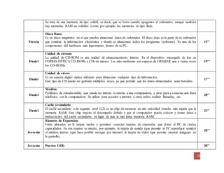 19 
Se trata de una memoria de tipo volátil, es decir, que se borra cuando apagamos el ordenador, aunque también 
hay memorias RAM no volátiles (como por ejemplo las memorias de tipo flash. 
Fressia 
Disco Duro: 
Es un disco magnético en el que puedes almacenar datos de ordenador. El disco duro es la parte de tu ordenador 
que contiene la información electrónica y donde se almacenan todos los programas (software). Es uno de los 
componentes del hardware más importantes dentro de tu PC. 
15’’ 
Daniel 
Unidad de cd-rom: 
La unidad de CD-ROM es una unidad de almacenamiento interno. Es el dispositivo encargado de leer en 
FORMA OPTICA CD-ROMs y CDs de música. Las más modernas son capaces de GRABAR una o varias veces 
los CD-ROMs. 
19’’ 
Daniel 
Unidad de cd-rw: 
Es un soporte digital óptico utilizado para almacenar cualquier tipo de información.. 
Este tipo de CD puede ser grabado múltiples veces, ya que permite que los datos almacenados sean borrados 
17’’ 
Daniel 
Modém: 
Periférico de entrada/salida, que puede ser interno o externo a una computadora, y sirve para a conectar una línea 
telefónica con la computadora. Se utiliza para acceder a internet u otras redes, realizar llamadas, etc. 
20’’ 
Daniel 
Cache secundario: 
El caché secundario o de segundo nivel (L2) es un chip de memoria de alta velocidad (mucho más rápida que la 
memoria RAM) Este chip mejora el desempeño debido a que el computador puede colocar y tomar datos e 
instrucciones del caché secundario, en lugar de usar la más lenta memoria RAM. 
23’’ 
Jessenia 
Ranuras de Expansion: 
Están ubicadas en la tarjeta madre y permiten conectar tarjetas de expansión que dotan al PC de ciertas 
capacidades. En esa ranuras se inserta, por ejemplo, la tarjeta de sonido (que permite al PC reproducir sonido) 
el módem interno (que hace posible navegar por internet) la tarjeta de vídeo (que permite mostrar imágenes en 
la pantalla). 
20’’ 
Jessenia Puertos USB: 20’’ 
 