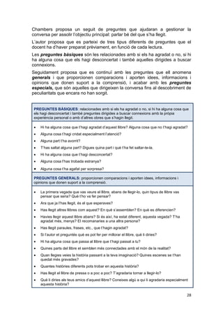 28
Chambers proposa un seguit de preguntes que ajudaran a gestionar la
conversa per assolir l’objectiu principal: parlar bé del que s’ha llegit.
L’autor proposa que es parteixi de tres tipus diferents de preguntes que el
docent ha d’haver preparat prèviament, en funció de cada lectura.
Les preguntes bàsiques són les relacionades amb si els ha agradat o no, si hi
ha alguna cosa que els hagi desconcertat i també aquelles dirigides a buscar
connexions.
Seguidament proposa que es continuï amb les preguntes que ell anomena
generals i que proporcionen comparacions i aporten idees, informacions i
opinions que donen suport a la comprensió, i acabar amb les preguntes
especials, que són aquelles que dirigeixen la conversa fins al descobriment de
peculiaritats que encara no han sorgit.
PREGUNTES BÀSIQUES: relacionades amb si els ha agradat o no, si hi ha alguna cosa que
els hagi desconcertat i també preguntes dirigides a buscar connexions amb la pròpia
experiència personal o amb d’altres obres que s’hagin llegit.
Hi ha alguna cosa que t’hagi agradat d’aquest llibre? Alguna cosa que no t’hagi agradat?
Alguna cosa t’hagi cridat especialment l’atenció?
Alguna part t’ha avorrit?
T’has saltat alguna part? Digues quina part i què t’ha fet saltar-te-la.
Hi ha alguna cosa que t’hagi desconcertat?
Alguna cosa l’has trobada estranya?
Alguna cosa t’ha agafat per sorpresa?
PREGUNTES GENERALS: proporcionen comparacions i aporten idees, informacions i
opinions que donen suport a la comprensió.
La primera vegada que vas veure el llibre, abans de llegir-lo, quin tipus de llibre vas
pensar que seria? Què t’ho va fer pensar?
Ara que ja l’has llegit, és el que esperaves?
Has llegit altres llibres com aquest? En què s’assemblen? En què es diferencien?
Havies llegir aquest llibre abans? Si és així, ha estat diferent, aquesta vegada? T’ha
agradat més, menys? El recomanaries a una altra persona?
Has llegit paraules, frases, etc., que t’hagin agradat?
Si l’autor et preguntés què es pot fer per millorar el llibre, què li diries?
Hi ha alguna cosa que passa al llibre que t’hagi passat a tu?
Quines parts del llibre et semblen més connectades amb el món de la realitat?
Quan llegies veies la història passant a la teva imaginació? Quines escenes se t’han
quedat més gravades?
Quantes històries diferents pots trobar en aquesta història?
Has llegit el llibre de pressa o a poc a poc? T’agradaria tornar a llegir-lo?
Què li diries als teus amics d’aquest llibre? Coneixes algú a qui li agradaria especialment
aquesta història?
 