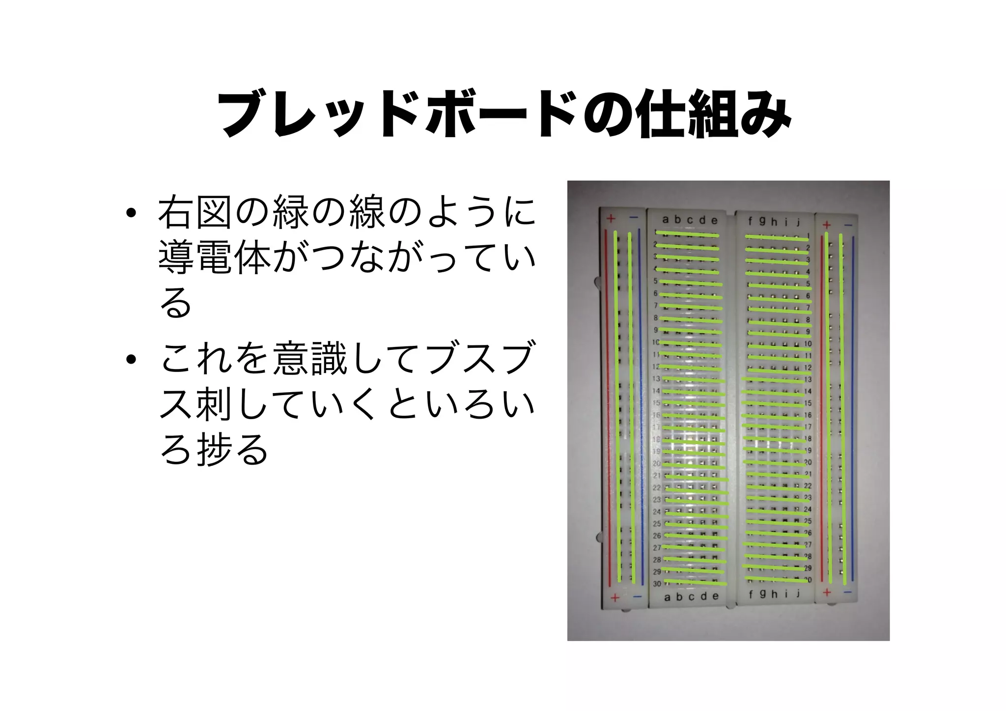 ブレッドボードの仕組み
•  右図の緑の線のように
   導電体がつながってい
   る
•  これを意識してブスブ
   ス刺していくといろい
   ろ る
 