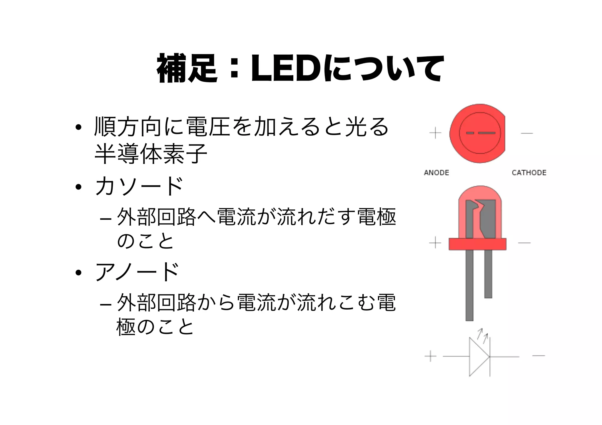 補足：LEDについて
•  順方向に電圧を加えると光る
   半導体素子
•  カソード
 –  外部回路へ電流が流れだす電極
    のこと
•  アノード
 –  外部回路から電流が流れこむ電
    極のこと
 