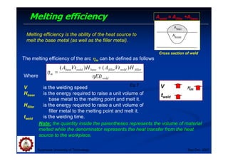 Melting efficiency
Suranaree University of Technology Sep-Dec 2007
The melting efficiency of the arc η
η
η
ηm can be defined as follows
weld
filler
weld
filler
base
weld
base
m
EIt
H
Vt
A
H
Vt
A
η
η
)
(
)
( +
=
Where
V is the welding speed
Hbase is the energy required to raise a unit volume of
base metal to the melting point and melt it.
Hfiller is the energy required to raise a unit volume of
filler metal to the melting point and melt it.
tweld is the welding time.
Eq.7
Note: the quantity inside the parentheses represents the volume of material
melted while the denominator represents the heat transfer from the heat
source to the workpiece.
η
η
η
ηm
V
tweld
Aweld = Afiller +Abase
Melting efficiency is the ability of the heat source to
melt the base metal (as well as the filler metal).
Cross section of weld
 