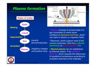 Plasma formation
Suranaree University of Technology Sep-Dec 2007
States of matter
Solid
Liquid
Gas
Plasma
Melting
Vaporization
Ionization
(neutral
atoms/molecules)
(negative charges
and positive ions)
• Plasma consists of ionized state of a
gas composed of nearly equal
numbers of electrons and ions, which
can react to electric or magnetic fields.
• Electrons, which support most of the
current conduction, flow from cathode
terminal (-) to anode terminal (+).
• Neutral plasma can be established
by thermal means  by collision
process, which requires the attainment
of equilibrium temperature according to
ionization potential of the materials.
www.fronius.com
 