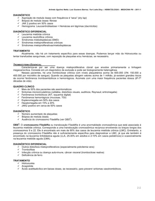 Arlindo Ugulino Netto; Luiz Gustavo Barros; Yuri Leite Eloy – HEMATOLOGIA – MEDICINA P8 – 2011.1
212
DIAGNÓSTICO
 Aspira•‚o de medula €ssea com frequŽncia ƒ “seca” (dry tap)
 Bi€psia de medula €ssea: fibrose
 JAK 2 positivo em 50% casos
 Hemograma: Leucoeritroblastose + Hem„cias em l„grimas (dacri€citos)
DIAGNÓSTICO DIFERENCIAL
 Leucemia miel€ide cr’nica
 Leucemia neutrofilica cr’nica
 S†ndromes mielodispl„sicas (SMD)
 S†ndromes mieloproliferativas cr’nicas
 S†ndromes mieloproliferativas/mielodispl„sicas
TRATAMENTO
Atualmente, n‚o h„ um tratamento espec†fico para essas doen•as. Podemos lan•ar m‚o da Hidroxiurƒia ou
tentar transfus…es sangu†neas, com reposi•‚o de plaquetas e/ou hem„cias, se necess„rio.
TROMBOCITEMIA ESSENCIAL
Caracteriza-se por ser uma doen•a mieloproliferativa clonal que envolve primariamente a linhagem
megacarioc†tica. Consiste em um diagn€stico de exclus‚o e pode ser biologicamente heterogŽnea.
Nesses pacientes, h„ uma trombocitose cr’nica com n†veis plaquet„rios acima de 600.000 (VN: 150.000 a
400.000 por microlitro de sangue). Quando as plaquetas atingem valores acima de 1 milh‚o, j„ existem grandes riscos
de ocorrer fen’menos tromboemb€licos e hemorr„gicos. Acomete com uma maior frequŽncia pacientes idosos (6Œ-7Œ
dƒcadas de vida).
QUADRO CLÍNICO
 Mais de 50% dos pacientes s‚o assintom„ticos
 Sintomas microcirculat€rios (cefalƒia, distˆrbios visuais, auditivos, Reynaud, eritromegalia)
 Fen’menos tromb€ticos (AIT, isquemia digital)
 Fen’menos hemorr„gicos (mucosas, TGI)
 Esplenomegalia em 50% dos casos
 Hepatomegalia em 15% a 20%
 JAK2 positivo em cerca de 50% casos
DIAGNÓSTICO
 Nˆmero aumentado de plaquetas;
 Bi€psia de medula €ssea;
 AusŽncia do cromossomo Filadƒlfia (ver OBS
2
).
OBS
2
: O cromossomo Filadélfia ou transloca•‚o Filadƒlfia ƒ uma anormalidade cromoss’mica que est„ associada ‘
leucemia miel€ide cr’nica. Corresponde a uma transloca•‚o cromoss’mica rec†proca envolvendo os bra•os longos dos
cromossomos 9 e 22. Ele ƒ encontrado em mais de 90% dos casos de leucemia miel€ide cr’nica (LMC). Entretanto, a
presen•a do cromossomo Filadƒlfia n‚o ƒ suficientemente espec†fica para diagnosticar a LMC, j„ que ele tambƒm ƒ
encontrado na leucemia linfobl„stica aguda (LLA, 25-30% em adultos e 2-10% em casos pedi„tricos) e ocasionalmente
na leucemia miel€ide aguda (LMA).
DIAGNÓSTICO DIFERENCIAL
 Outros distˆrbios mieloproliferativos (especialmente policitemia vera)
 Trombofilias
 Infec•‚o cr’nica ou doen•a auto-imune, c‹ncer visceral (trombocitose reativa)
 DeficiŽncia de ferro
TRATAMENTO
 Hidroxiurƒia
 Anagrelide
 šcido acetilsalic†lico em baixas doses, se necess„rio, para prevenir sintomas vasotromb€ticos.
 