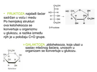 POLISAHARIDI
Amorfna jedinjenja, teško rastvorljiva u vodi
sastavljena od velikog broja saharidnih
jedinica spojenih gliko...