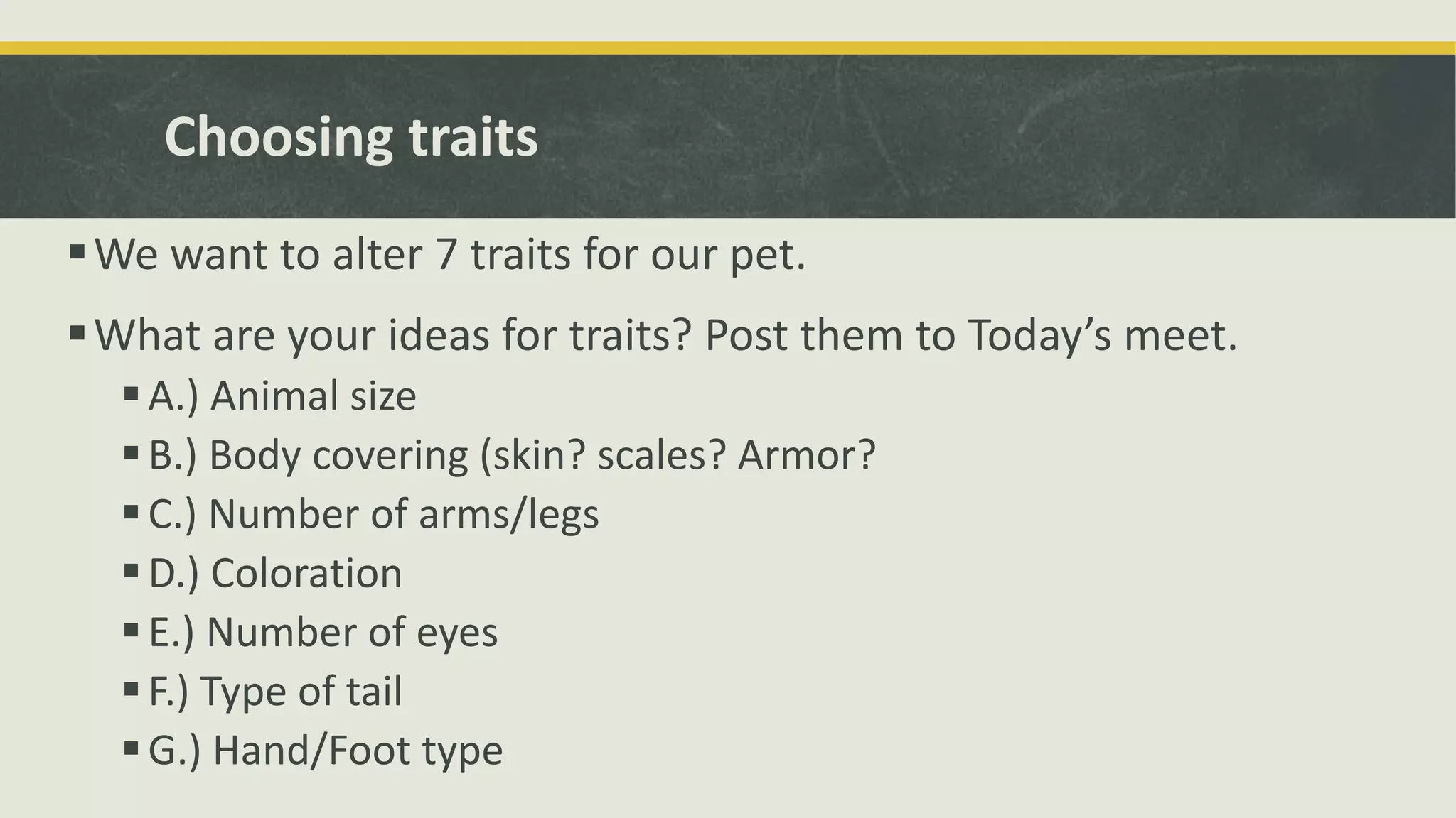 Choosing traits
We want to alter 7 traits for our pet.
What are your ideas for traits? Post them to Today’s meet.
A.) Animal size
B.) Body covering (skin? scales? Armor?
C.) Number of arms/legs
D.) Coloration
E.) Number of eyes
F.) Type of tail
G.) Hand/Foot type
 