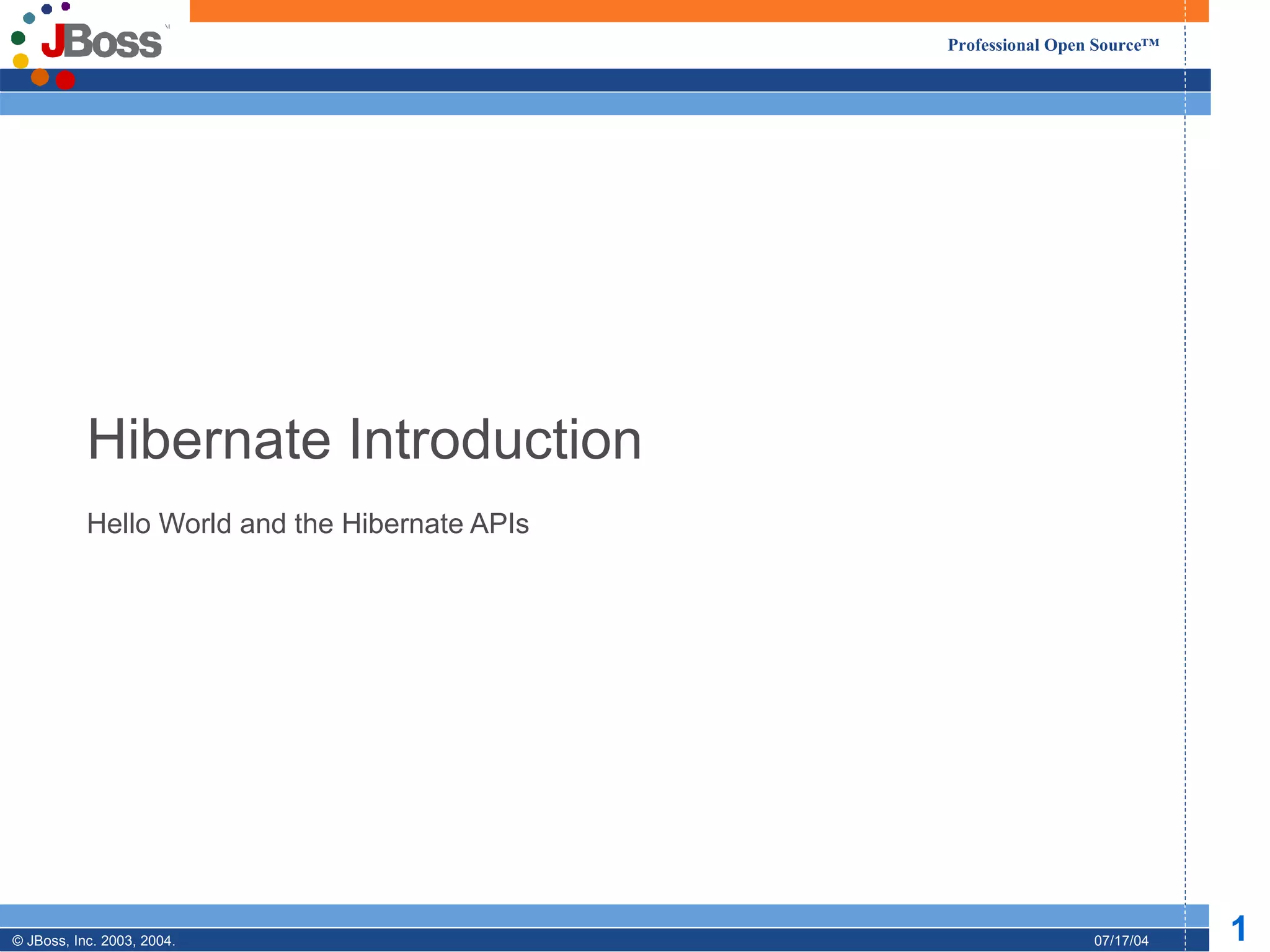 Hibernate Introduction Hello World and the Hibernate APIs 