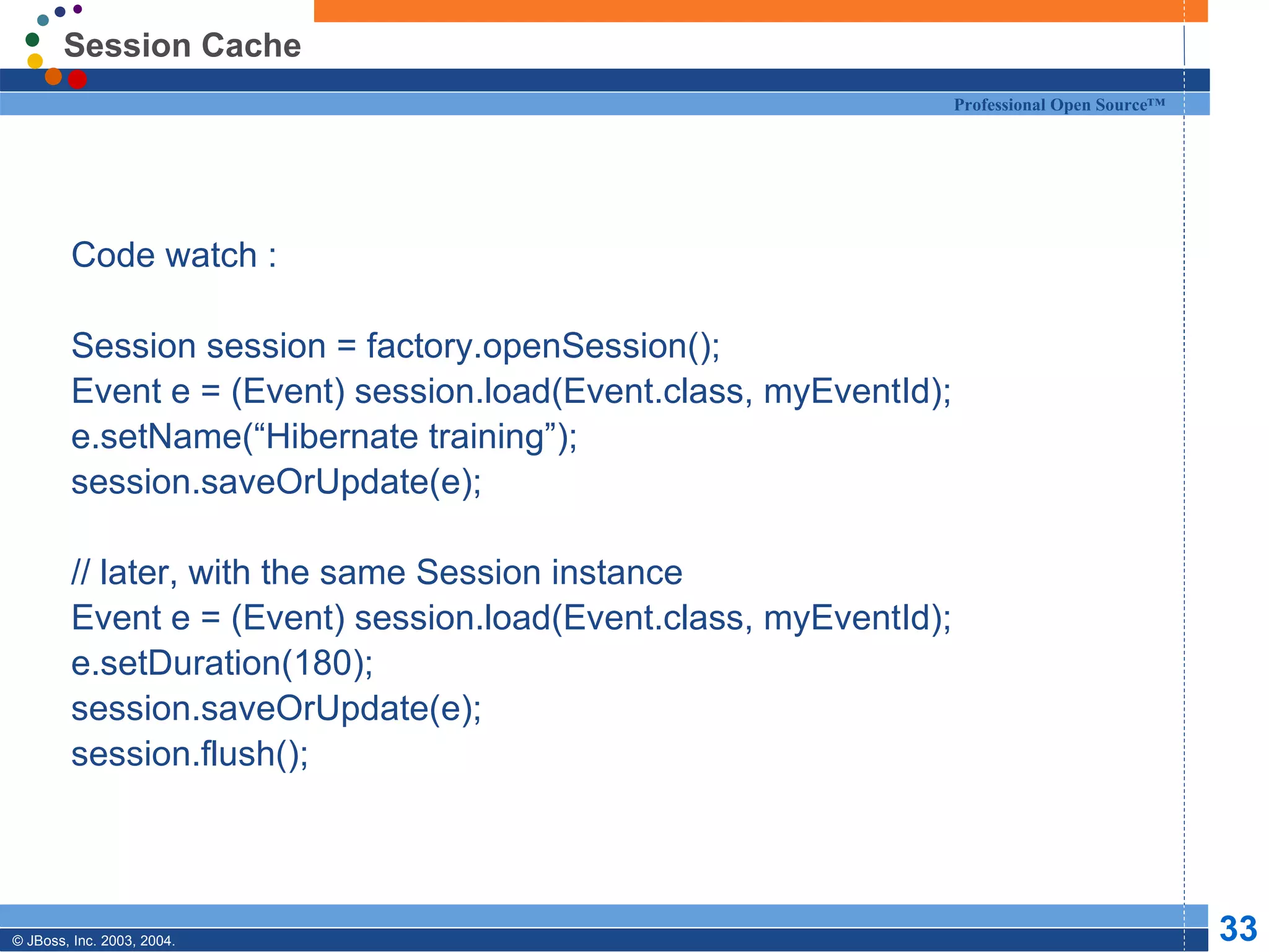 Session Cache Code watch : Session session = factory.openSession(); Event e = (Event) session.load(Event.class, myEventId); e.setName(“Hibernate training”); session.saveOrUpdate(e); // later, with the same Session instance Event e = (Event) session.load(Event.class, myEventId); e.setDuration(180); session.saveOrUpdate(e); session.flush(); 