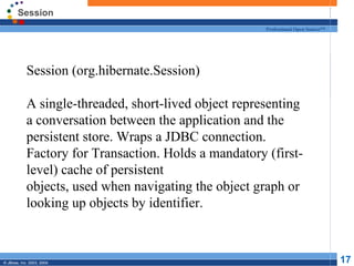 Session Session (org.hibernate.Session) A single-threaded, short-lived object representing a conversation between the application and the persistent store. Wraps a JDBC connection. Factory for Transaction. Holds a mandatory (first-level) cache of persistent objects, used when navigating the object graph or looking up objects by identifier. 