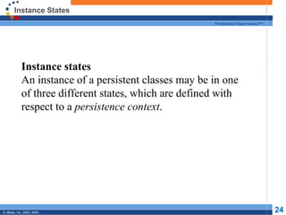 Instance States Instance states An instance of a persistent classes may be in one of three different states, which are defined with respect to a  persistence context .  