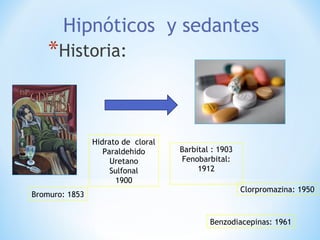 *Historia:
Hipnóticos y sedantes
Bromuro: 1853
Hidrato de cloral
Paraldehido
Uretano
Sulfonal
1900
Barbital : 1903
Fenobarbital:
1912
Clorpromazina: 1950
Benzodiacepinas: 1961
 
