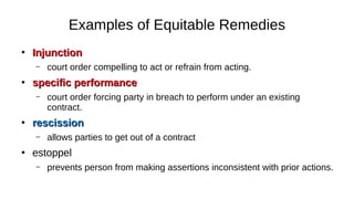 Examples of Equitable Remedies
●
InjunctionInjunction
– court order compelling to act or refrain from acting.
●
specific performancespecific performance
– court order forcing party in breach to perform under an existing
contract.
●
rescissionrescission
– allows parties to get out of a contract
●
estoppel
– prevents person from making assertions inconsistent with prior actions.
 